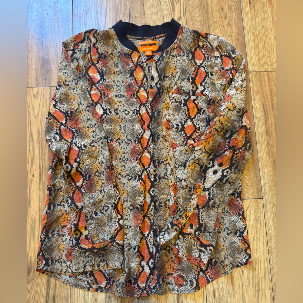 Joe Fresh 100% Silk Snake Print Button-Up Blouse in Orange, Black & Cream